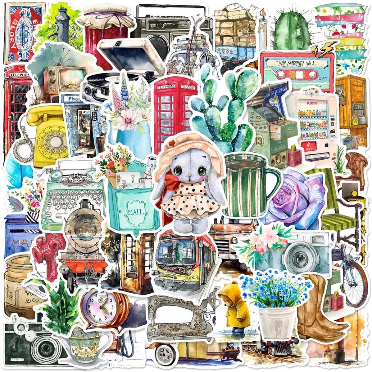 Aquarel Retro Stickers - Set van 50 Stuks - Camera - Tram - Bus - Bloemen - Stickers voor Laptop, Koffer, Bullet Journal en Planner - Stickers Kinderen en Volwassenen - Decoratieve Stickers - Creatief - Knutselen - Scrapbook